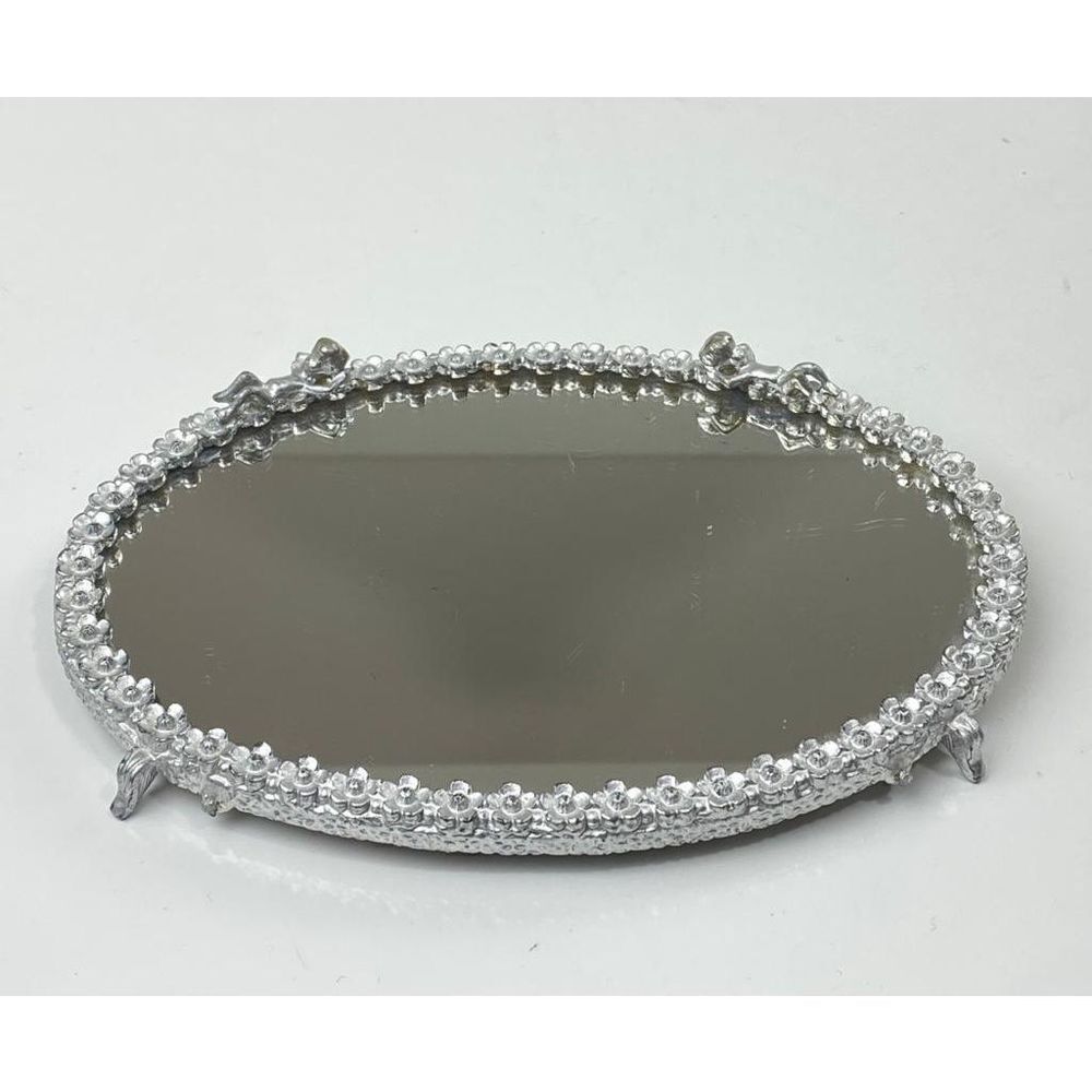 Vtg Sam Fink Vanity Tray Mirror Silver Tone Oval Cherubs Flowers Harp Feet CO126